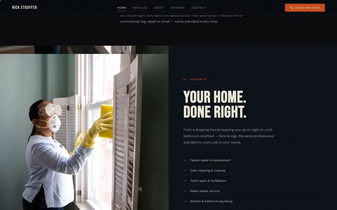 Nick Stouffer Plumbing website: residential services section