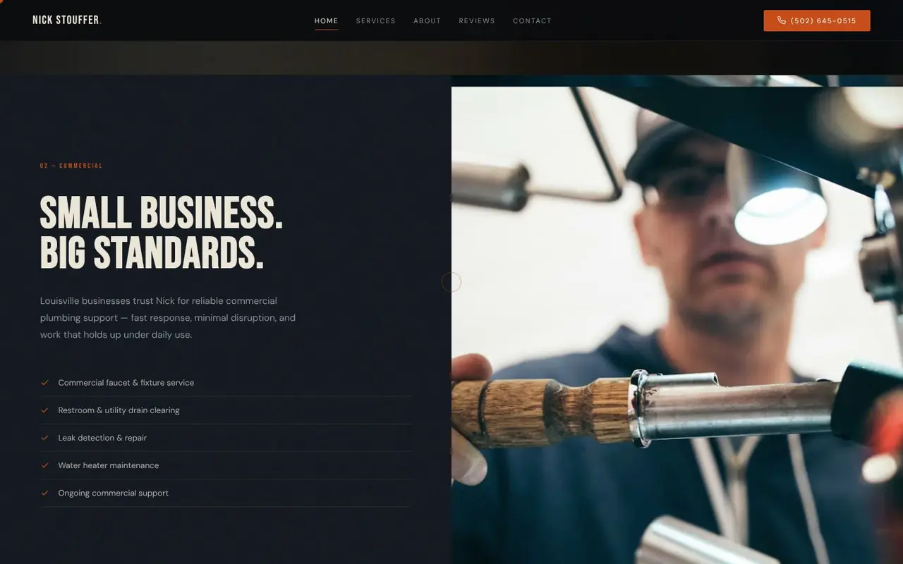 Nick Stouffer Plumbing website: commercial services section