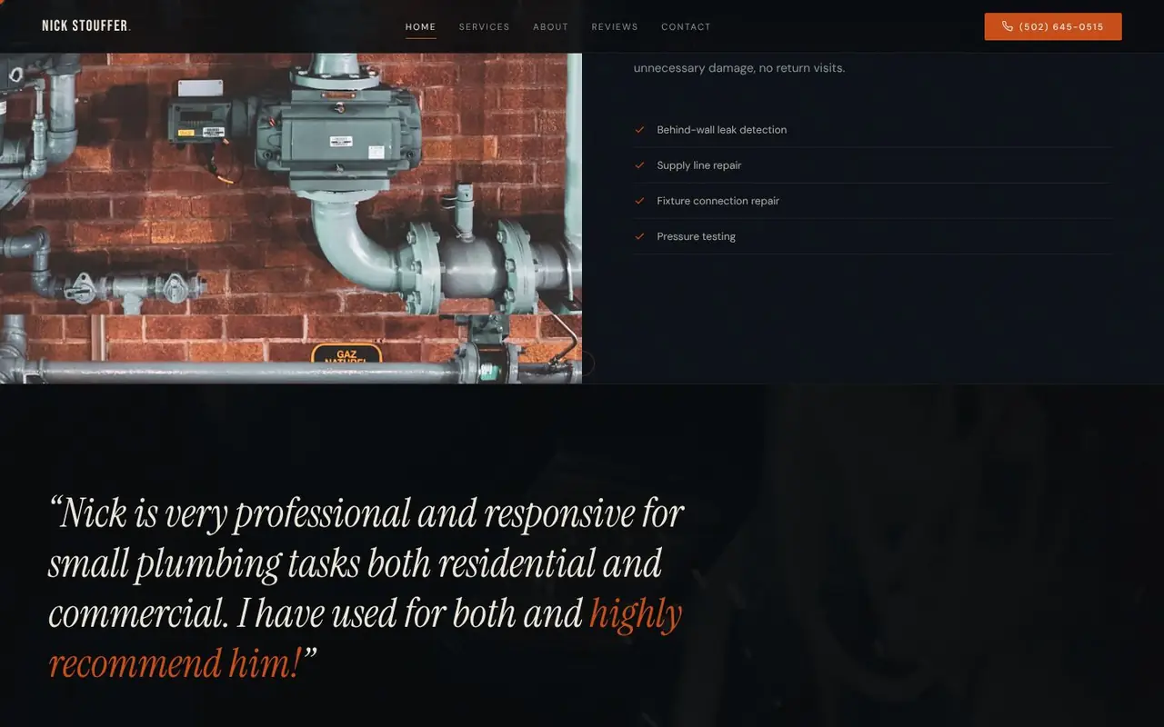 Nick Stouffer Plumbing website: customer review and ratings